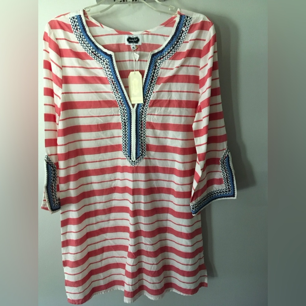 Mud Pie Pink and White Striped Tunic with Blue Accents
